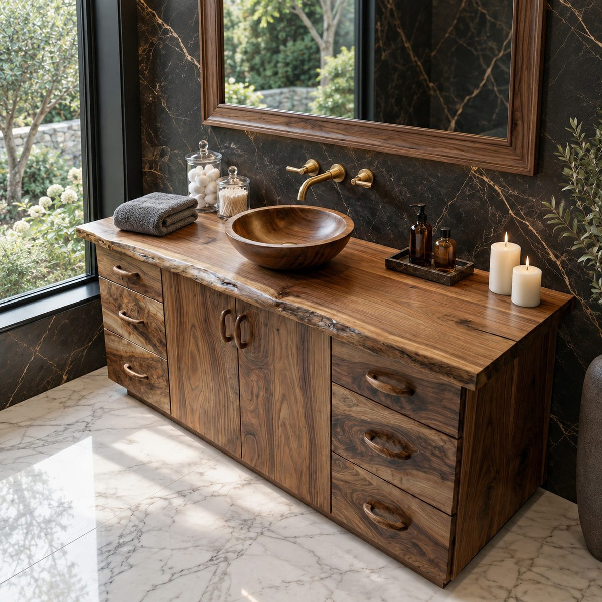 Six Drawer Live Edge Bathroom Vanity 48-72 Inch, Double Door Solid Wood Cabinet with Carved Pulls