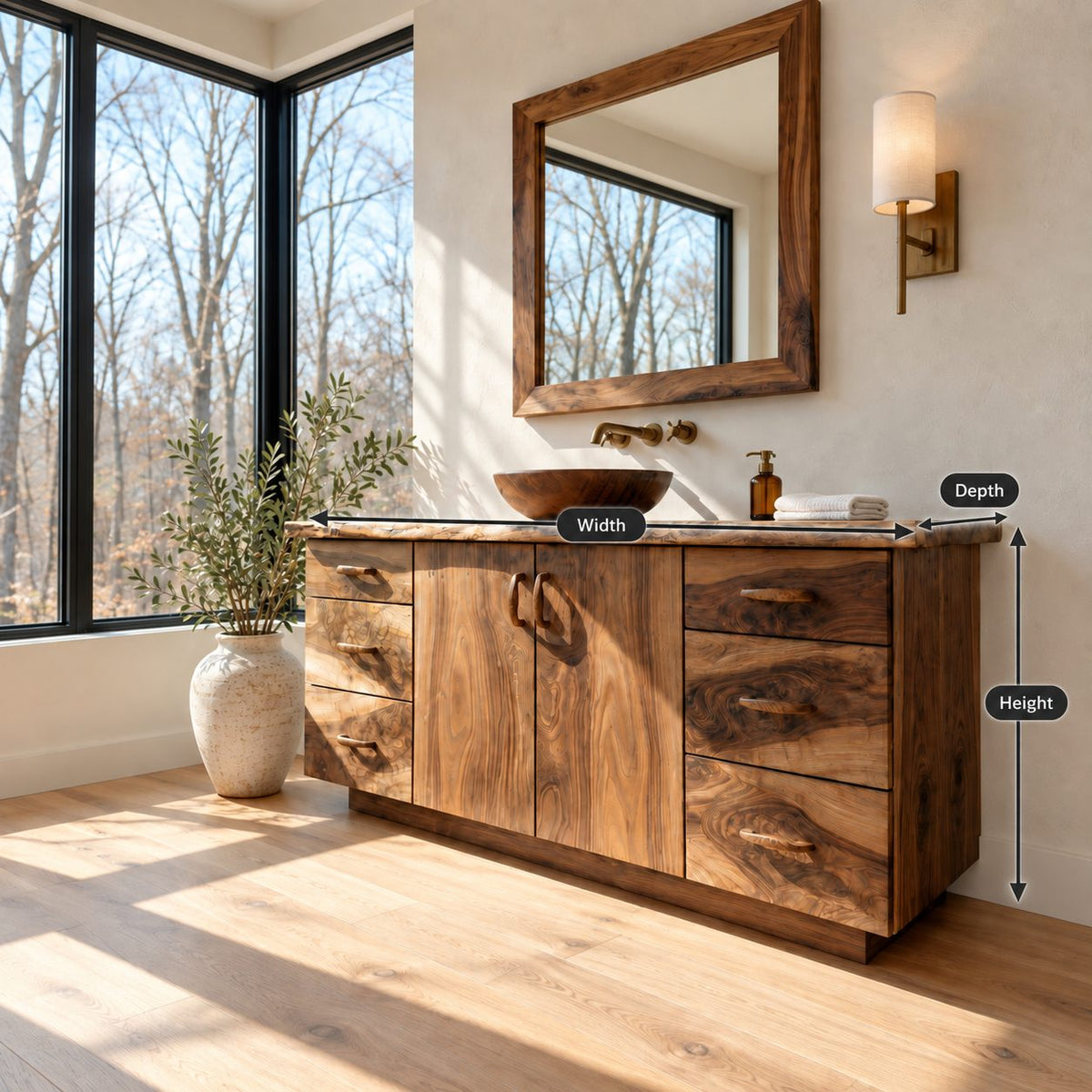 Six Drawer Live Edge Bathroom Vanity 48-72 Inch, Double Door Solid Wood Cabinet with Carved Pulls