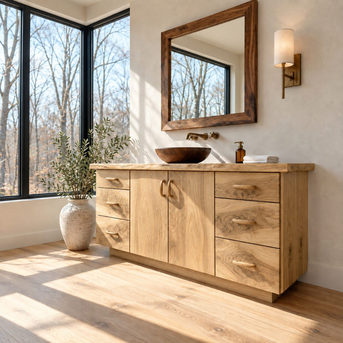 Six Drawer Live Edge Bathroom Vanity 48-72 Inch, Double Door Solid Wood Cabinet with Carved Pulls