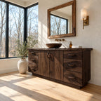 Six Drawer Live Edge Bathroom Vanity 48-72 Inch, Double Door Solid Wood Cabinet with Carved Pulls