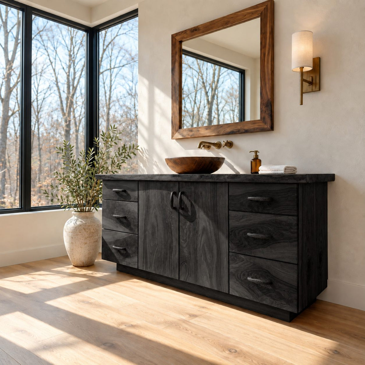 Six Drawer Live Edge Bathroom Vanity 48-72 Inch, Double Door Solid Wood Cabinet with Carved Pulls