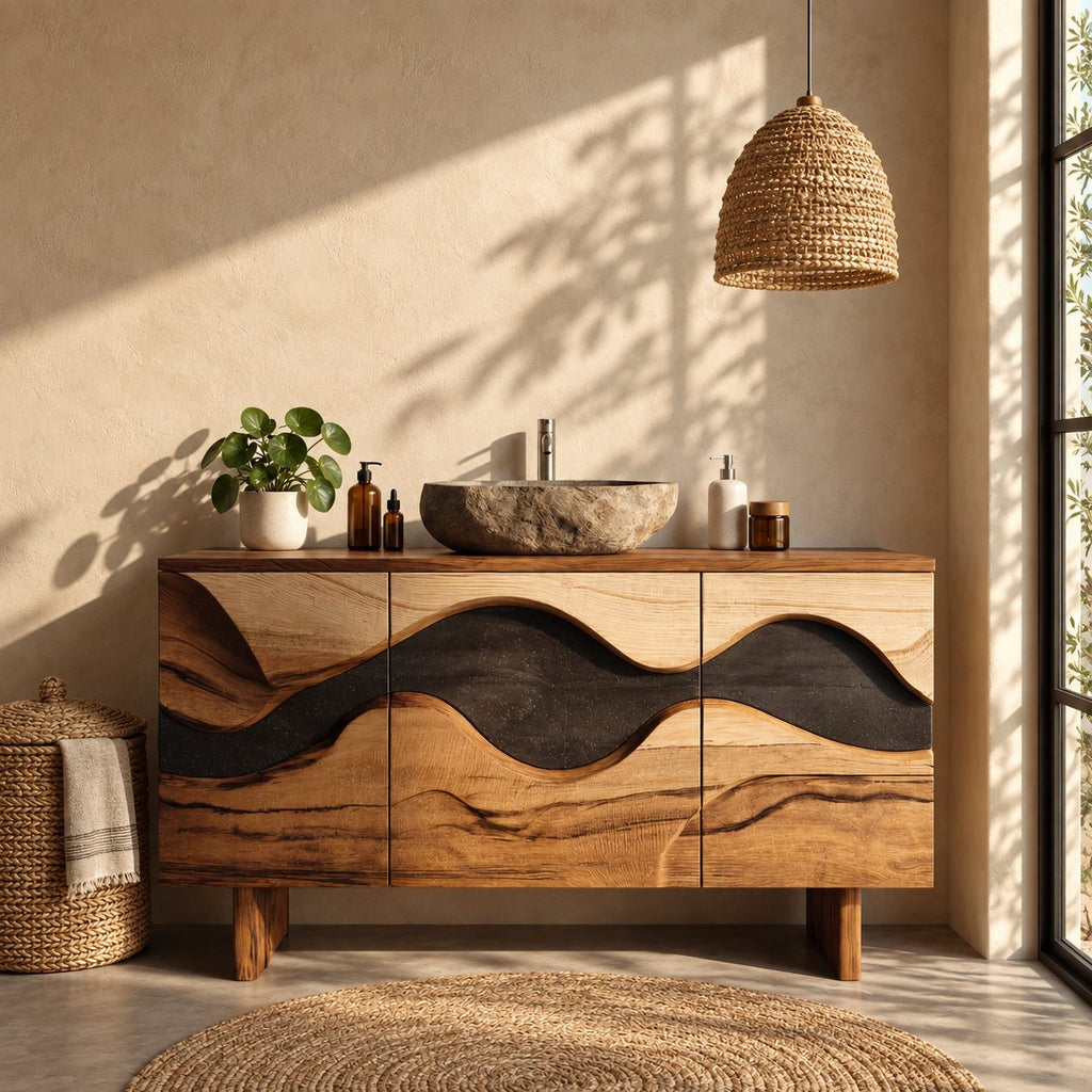 Wave Inlay Bathroom Vanity 40-72 Inch, Three Door Solid Wood Cabinet with Carved Contrast Band