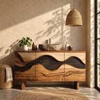Wave Inlay Bathroom Vanity 40-72 Inch, Three Door Solid Wood Cabinet with Carved Contrast Band