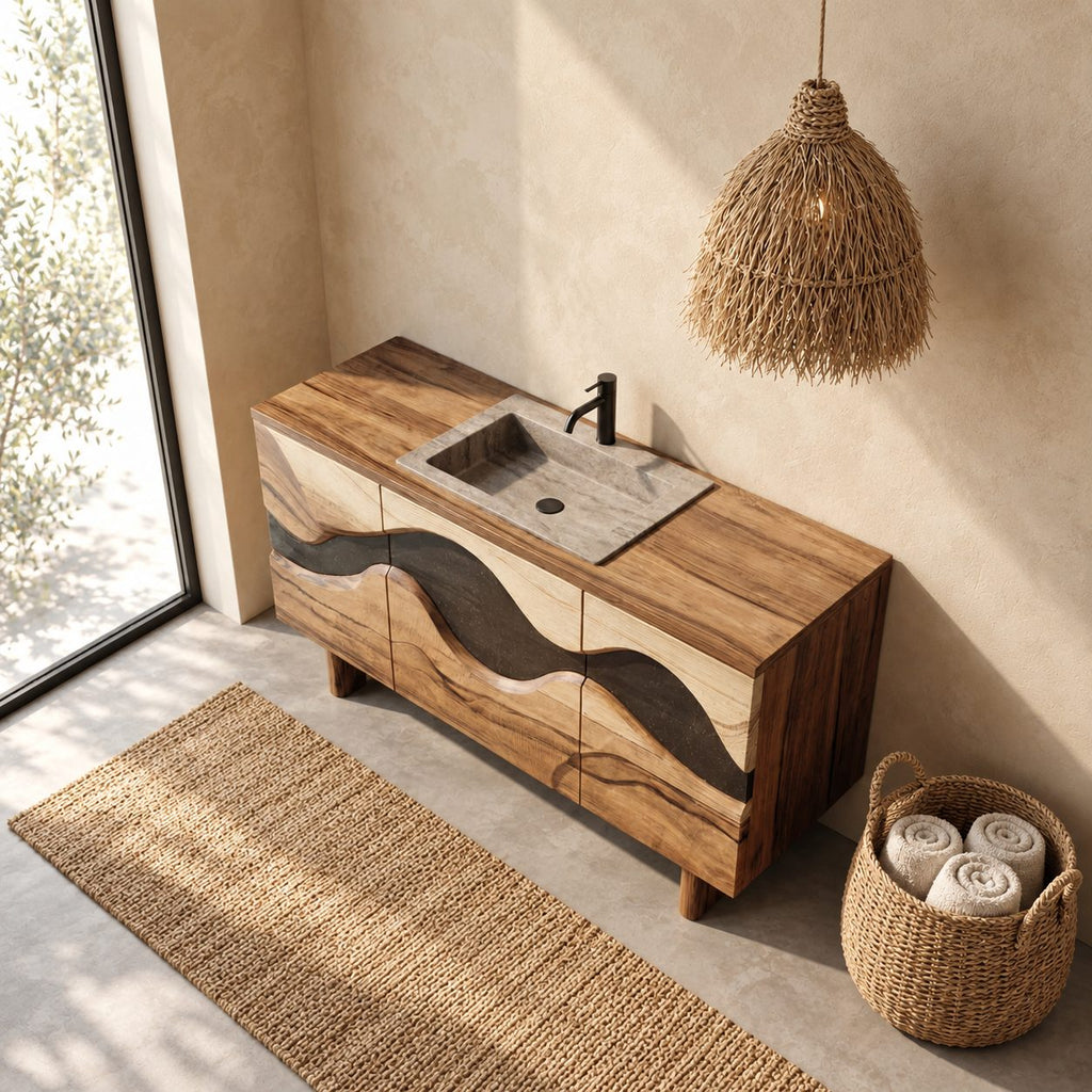 Wave Inlay Bathroom Vanity 40-72 Inch, Three Door Solid Wood Cabinet with Carved Contrast Band