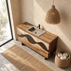 Wave Inlay Bathroom Vanity 40-72 Inch, Three Door Solid Wood Cabinet with Carved Contrast Band