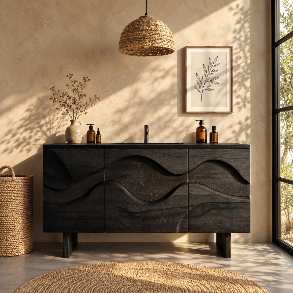 Wave Inlay Bathroom Vanity 40-72 Inch, Three Door Solid Wood Cabinet with Carved Contrast Band