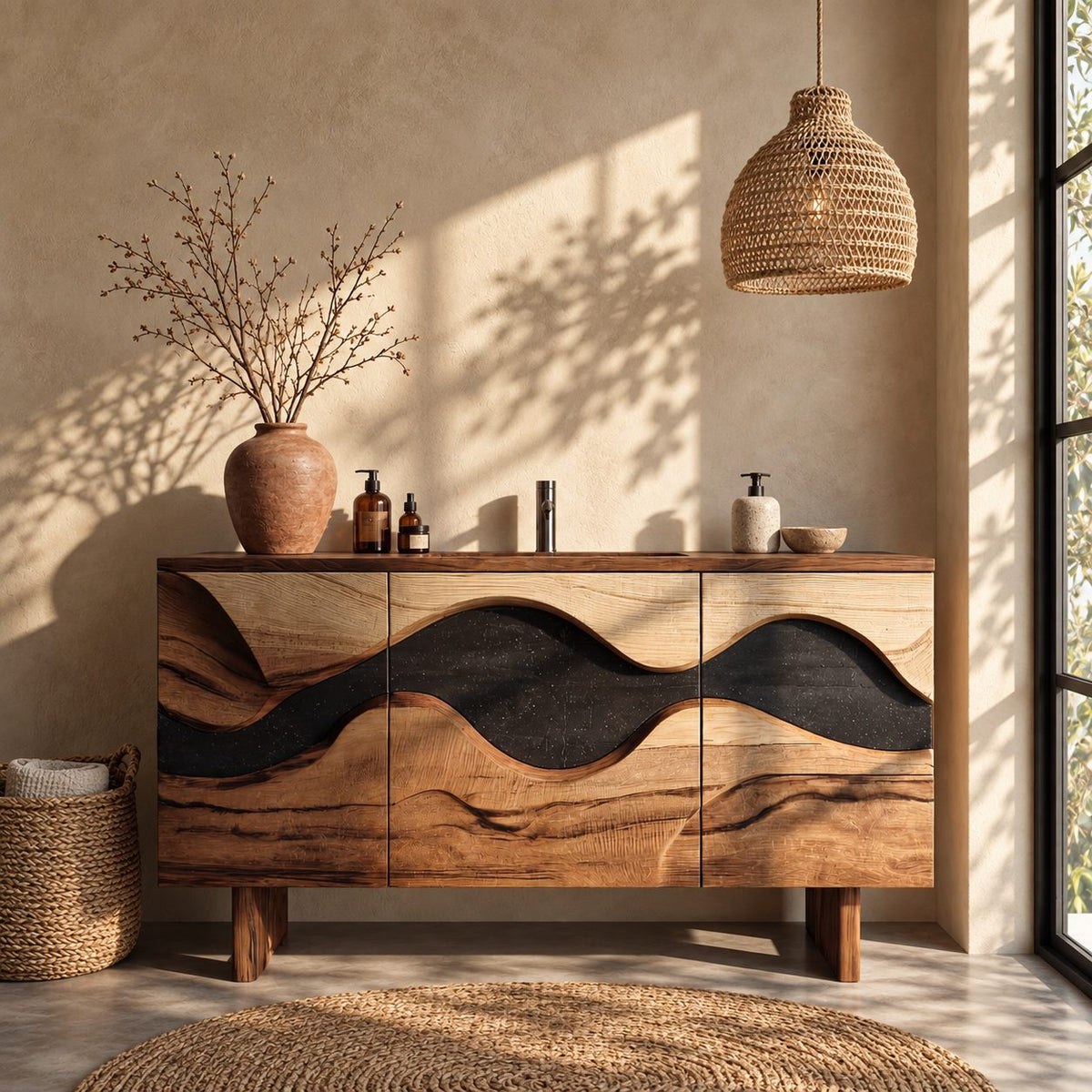 Wave Inlay Bathroom Vanity 40-72 Inch, Three Door Solid Wood Cabinet with Carved Contrast Band