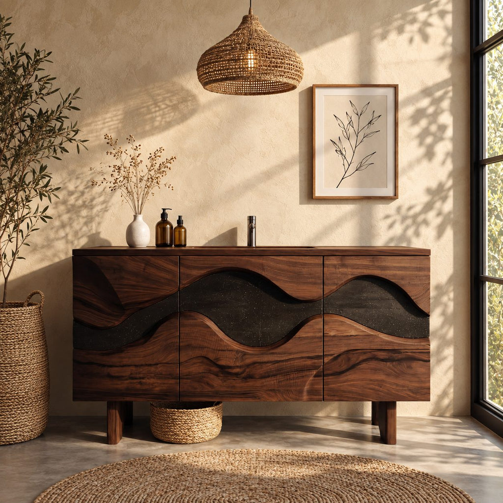 Wave Inlay Bathroom Vanity 40-72 Inch, Three Door Solid Wood Cabinet with Carved Contrast Band