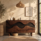 Wave Inlay Bathroom Vanity 40-72 Inch, Three Door Solid Wood Cabinet with Carved Contrast Band