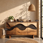 Wave Inlay Bathroom Vanity 40-72 Inch, Three Door Solid Wood Cabinet with Carved Contrast Band