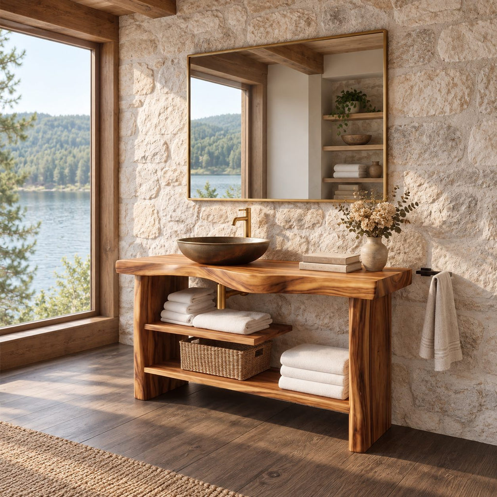 Chunky Slab Leg Open Bathroom Vanity 30-80 Inch, Live Edge Console with Half Shelf and Towel Bar