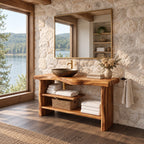 Chunky Slab Leg Open Bathroom Vanity 30-80 Inch, Live Edge Console with Half Shelf and Towel Bar