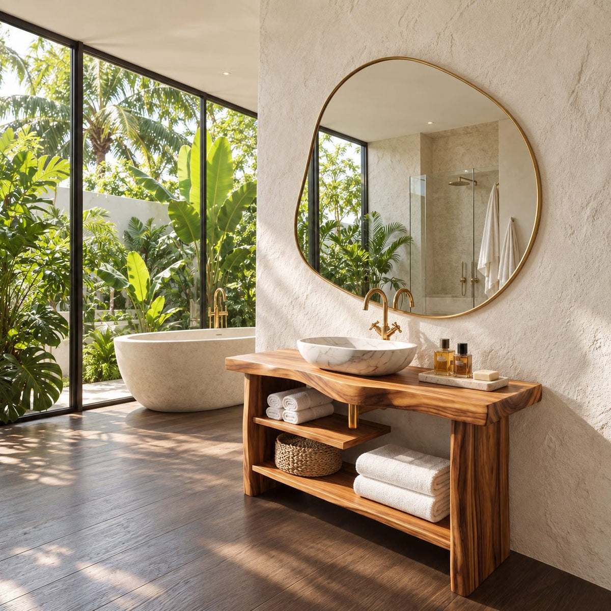 Chunky Slab Leg Open Bathroom Vanity 30-80 Inch, Live Edge Console with Half Shelf and Towel Bar