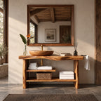 Chunky Slab Leg Open Bathroom Vanity 30-80 Inch, Live Edge Console with Half Shelf and Towel Bar