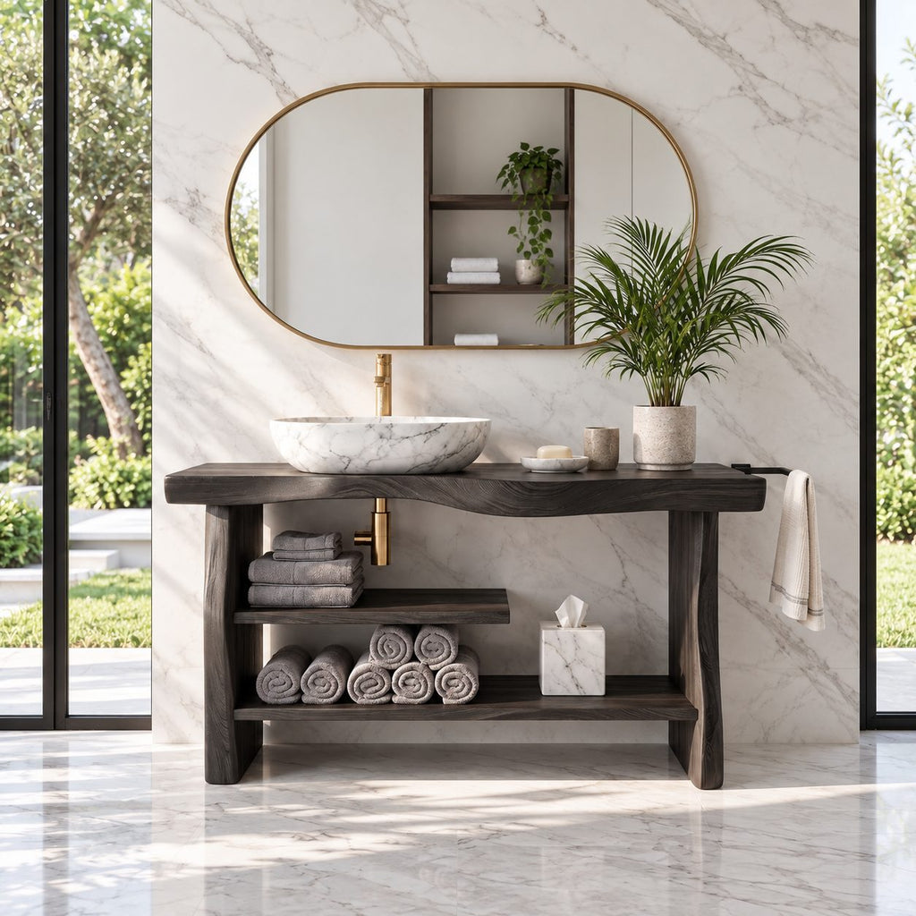 Chunky Slab Leg Open Bathroom Vanity 30-80 Inch, Live Edge Console with Half Shelf and Towel Bar