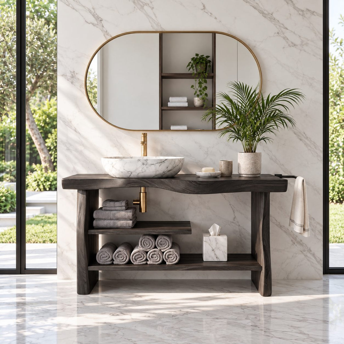 Chunky Slab Leg Open Bathroom Vanity 30-80 Inch, Live Edge Console with Half Shelf and Towel Bar