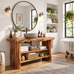 Chunky Slab Leg Open Bathroom Vanity 30-80 Inch, Live Edge Console with Half Shelf and Towel Bar