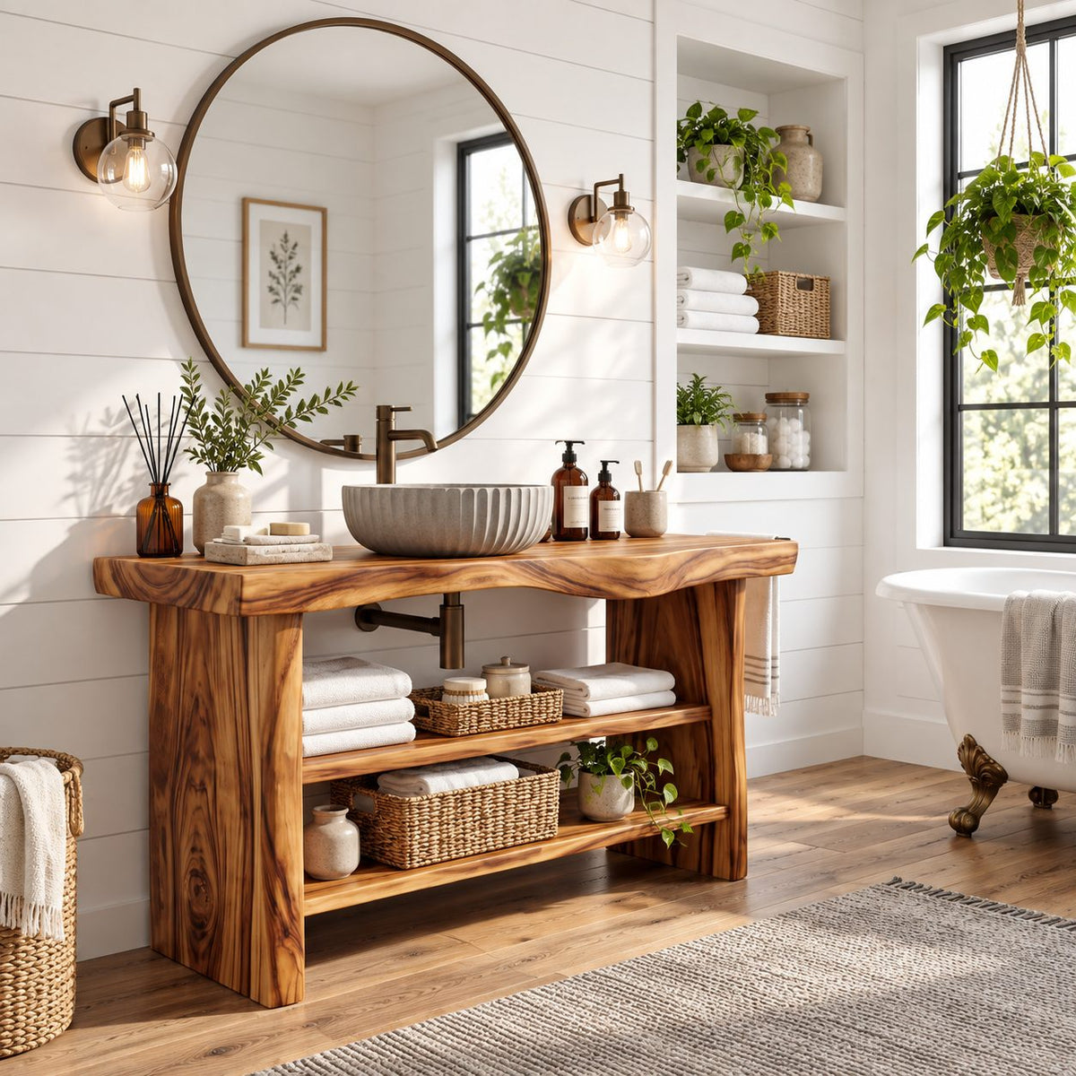 Chunky Slab Leg Open Bathroom Vanity 30-80 Inch, Live Edge Console with Half Shelf and Towel Bar