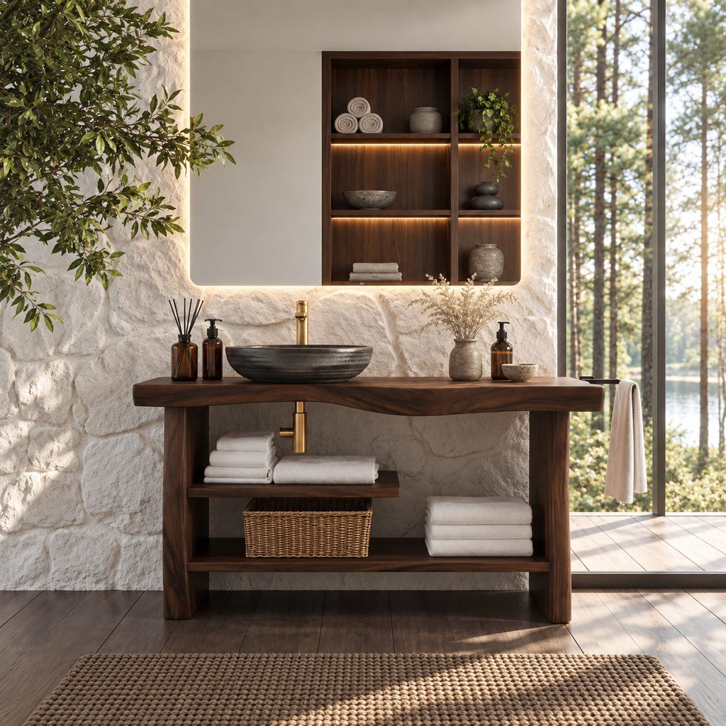 Chunky Slab Leg Open Bathroom Vanity 30-80 Inch, Live Edge Console with Half Shelf and Towel Bar