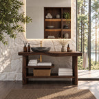 Chunky Slab Leg Open Bathroom Vanity 30-80 Inch, Live Edge Console with Half Shelf and Towel Bar