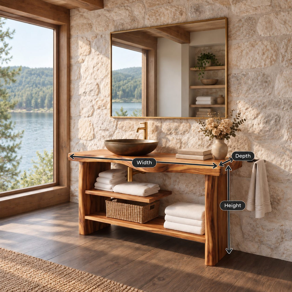 Chunky Slab Leg Open Bathroom Vanity 30-80 Inch, Live Edge Console with Half Shelf and Towel Bar