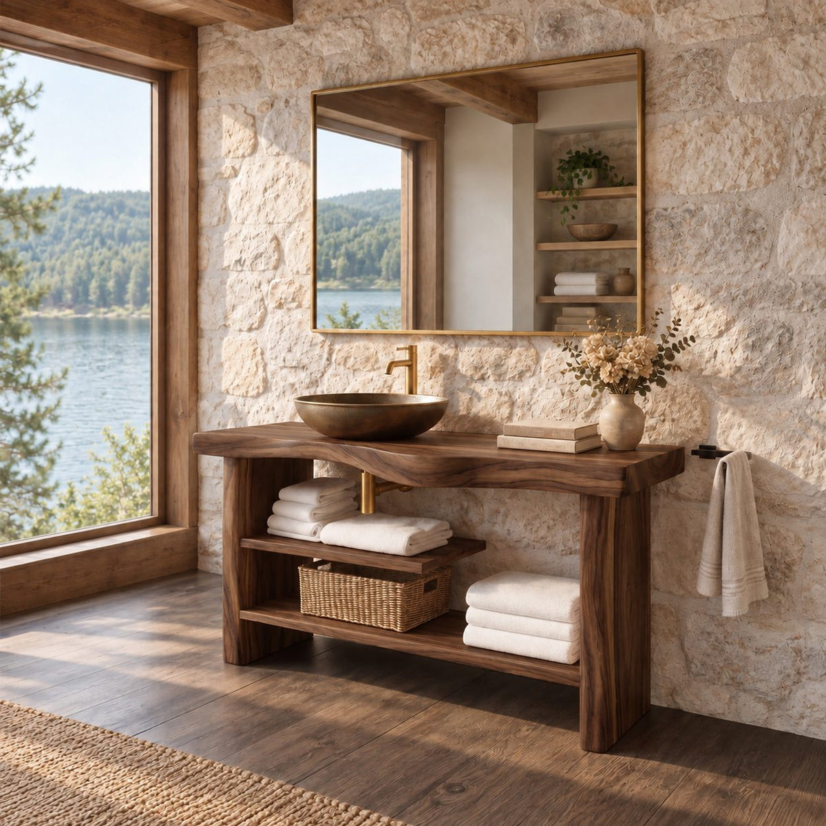 Chunky Slab Leg Open Bathroom Vanity 30-80 Inch, Live Edge Console with Half Shelf and Towel Bar