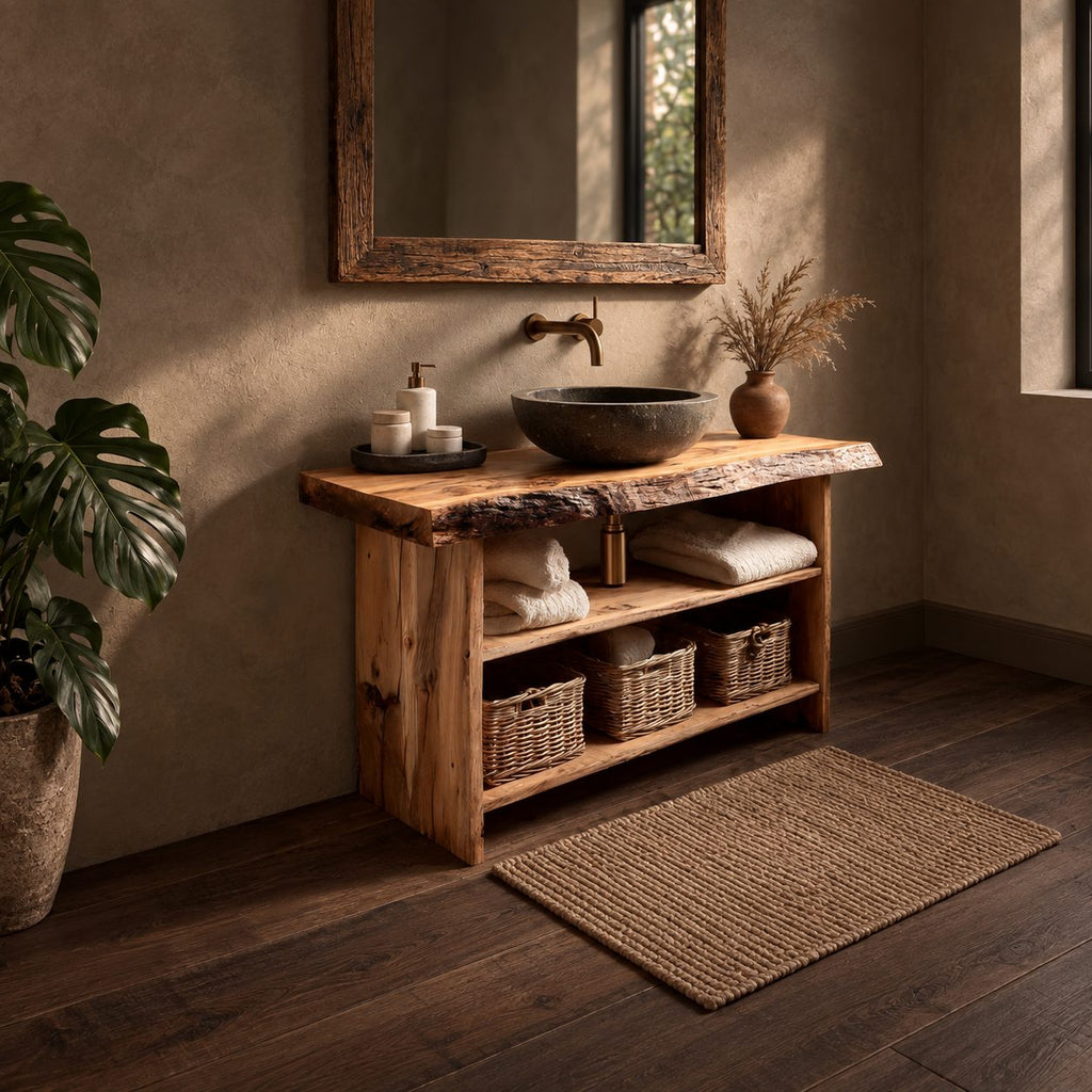 Slab Side Bathroom Vanity 24-36 Inch, Open Bark Edge Console with Towel Shelf and Basket Shelf