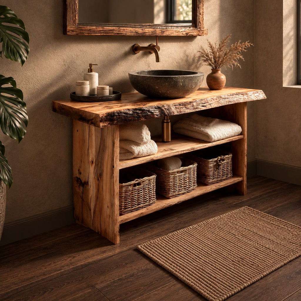 Slab Side Bathroom Vanity 24-36 Inch, Open Bark Edge Console with Towel Shelf and Basket Shelf