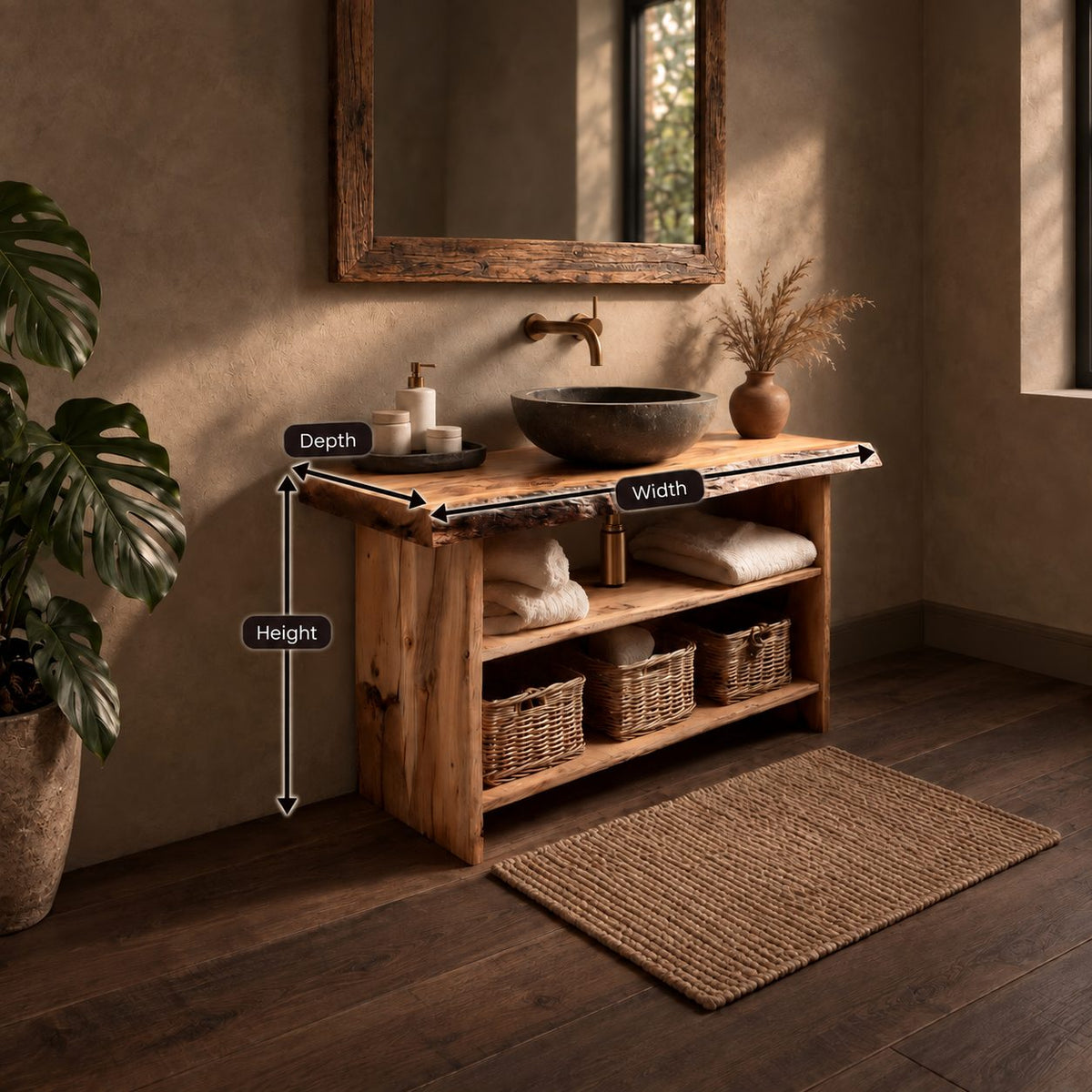 Slab Side Bathroom Vanity 24-36 Inch, Open Bark Edge Console with Towel Shelf and Basket Shelf