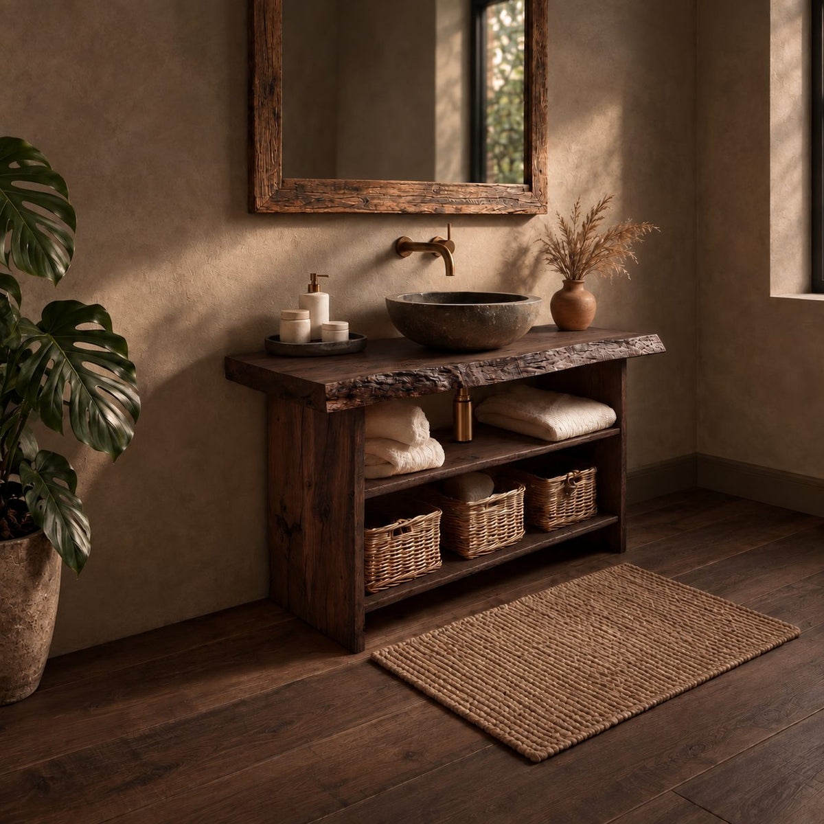 Slab Side Bathroom Vanity 24-36 Inch, Open Bark Edge Console with Towel Shelf and Basket Shelf