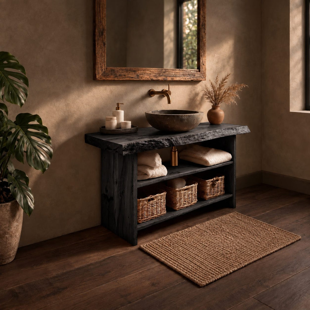 Slab Side Bathroom Vanity 24-36 Inch, Open Bark Edge Console with Towel Shelf and Basket Shelf