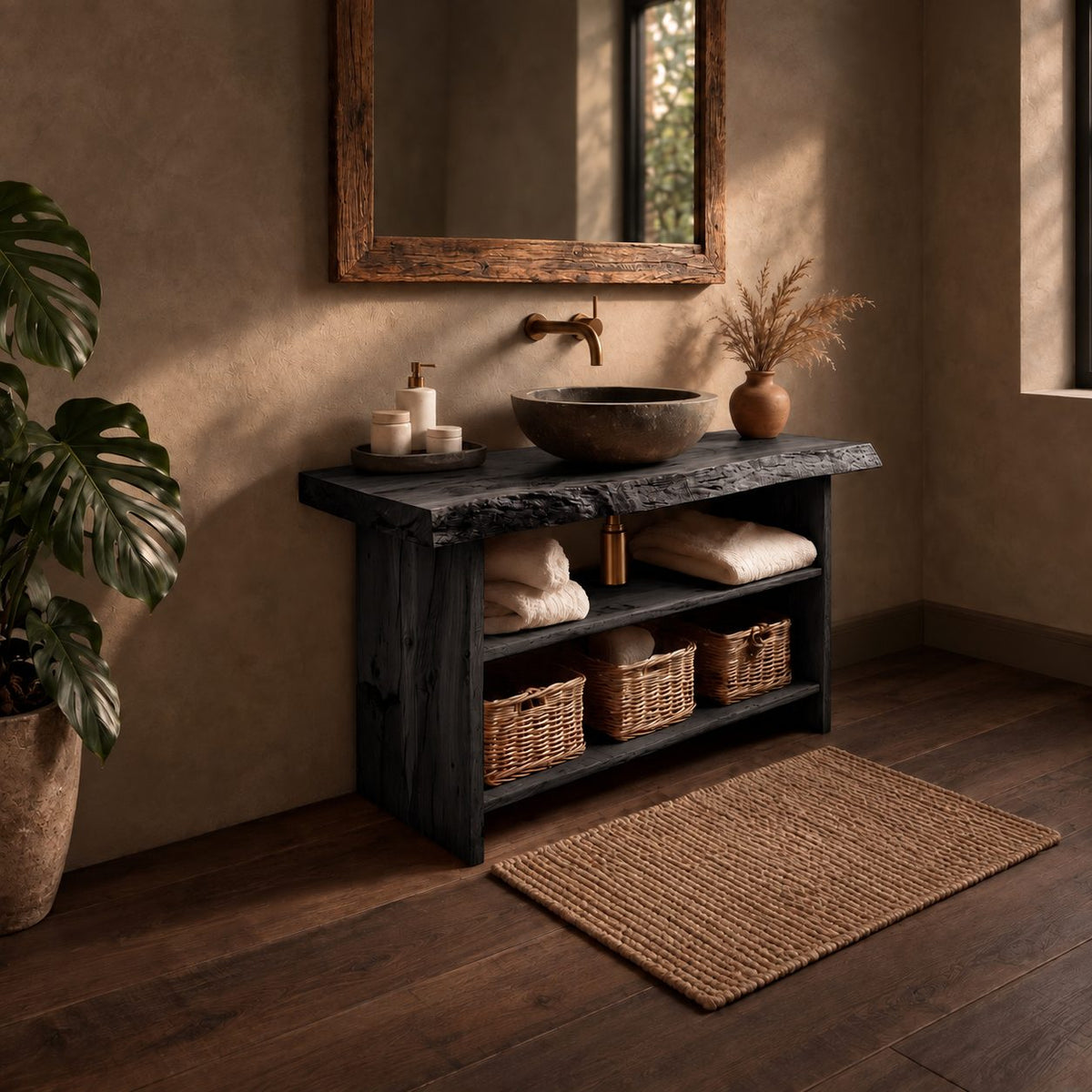 Slab Side Bathroom Vanity 24-36 Inch, Open Bark Edge Console with Towel Shelf and Basket Shelf