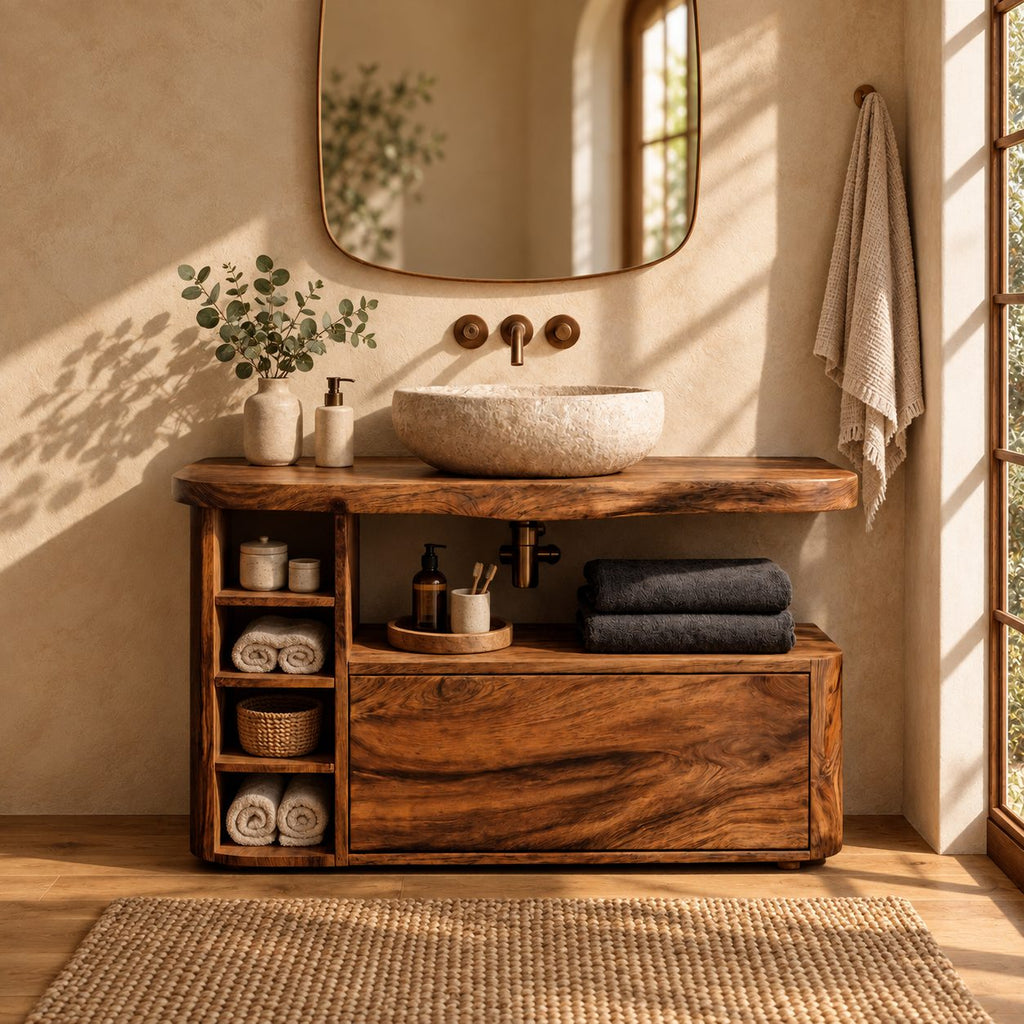 Rounded End Bathroom Vanity 42-72 Inch, Solid Wood Cabinet with Cubby Column, Open Niche and Wide Drawer