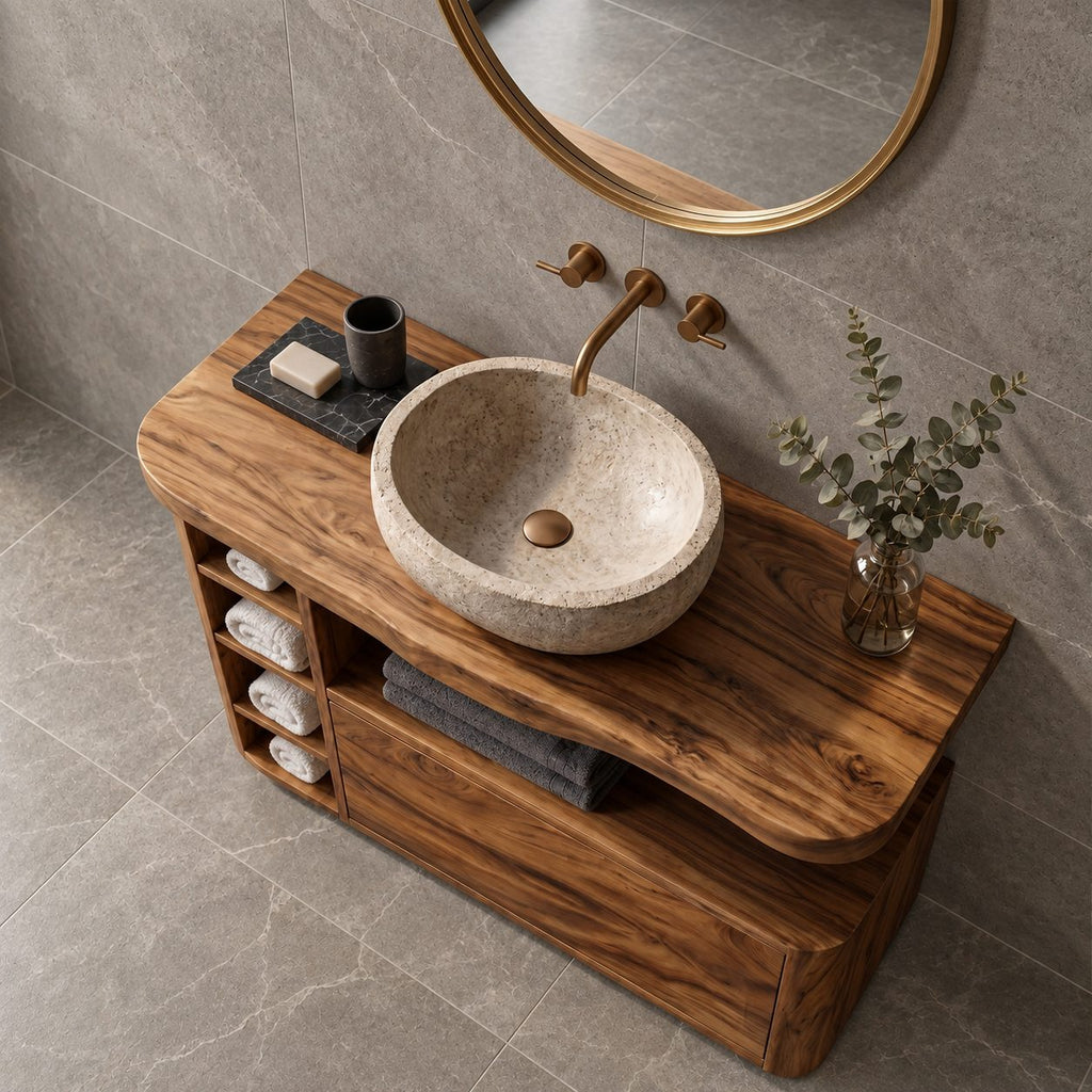 Rounded End Bathroom Vanity 42-72 Inch, Solid Wood Cabinet with Cubby Column, Open Niche and Wide Drawer