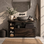 Rounded End Bathroom Vanity 42-72 Inch, Solid Wood Cabinet with Cubby Column, Open Niche and Wide Drawer