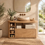 Rounded End Bathroom Vanity 42-72 Inch, Solid Wood Cabinet with Cubby Column, Open Niche and Wide Drawer