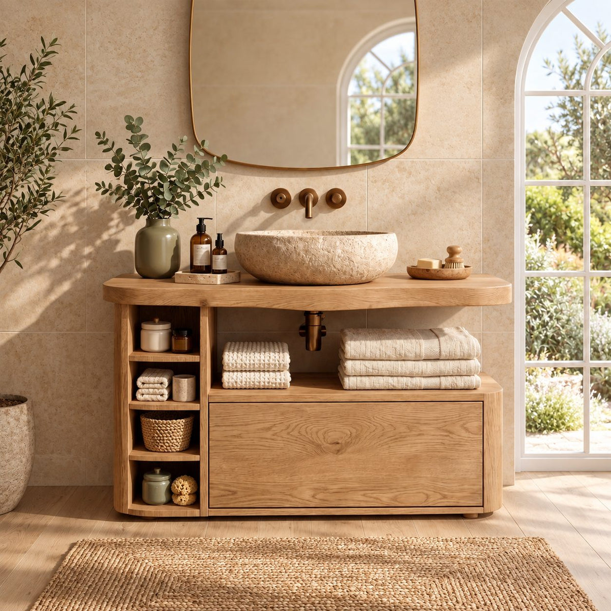 Rounded End Bathroom Vanity 42-72 Inch, Solid Wood Cabinet with Cubby Column, Open Niche and Wide Drawer