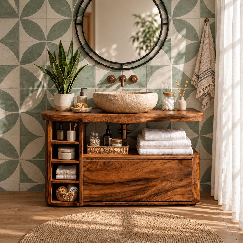 Rounded End Bathroom Vanity 42-72 Inch, Solid Wood Cabinet with Cubby Column, Open Niche and Wide Drawer