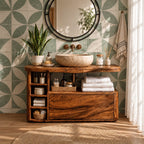 Rounded End Bathroom Vanity 42-72 Inch, Solid Wood Cabinet with Cubby Column, Open Niche and Wide Drawer