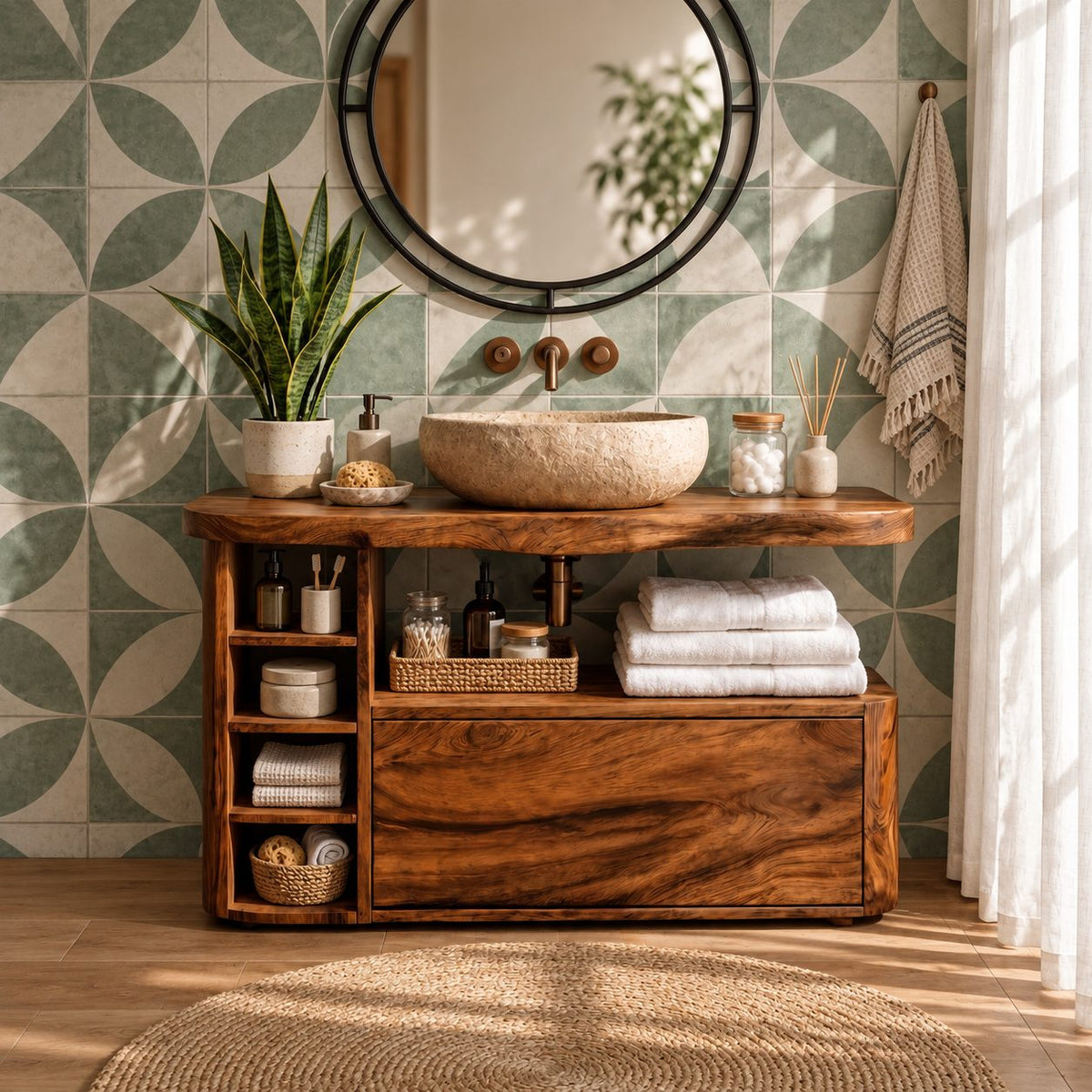 Rounded End Bathroom Vanity 42-72 Inch, Solid Wood Cabinet with Cubby Column, Open Niche and Wide Drawer
