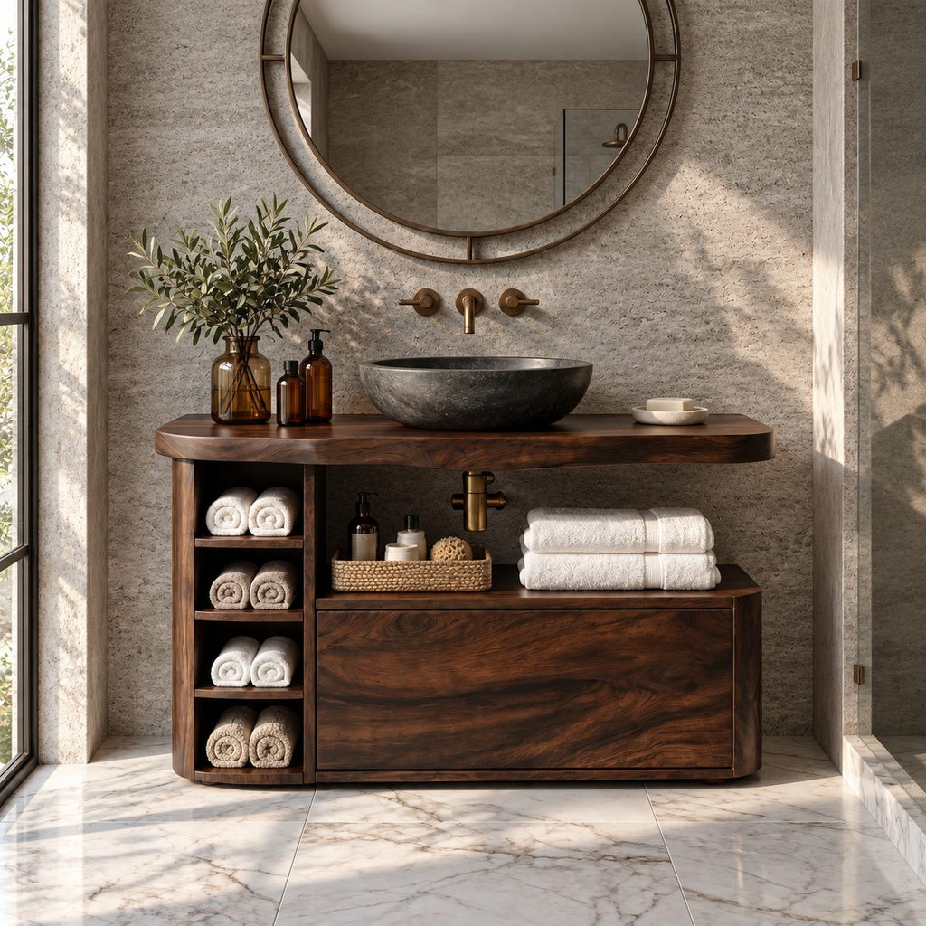 Rounded End Bathroom Vanity 42-72 Inch, Solid Wood Cabinet with Cubby Column, Open Niche and Wide Drawer