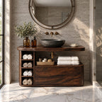 Rounded End Bathroom Vanity 42-72 Inch, Solid Wood Cabinet with Cubby Column, Open Niche and Wide Drawer