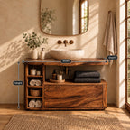Rounded End Bathroom Vanity 42-72 Inch, Solid Wood Cabinet with Cubby Column, Open Niche and Wide Drawer