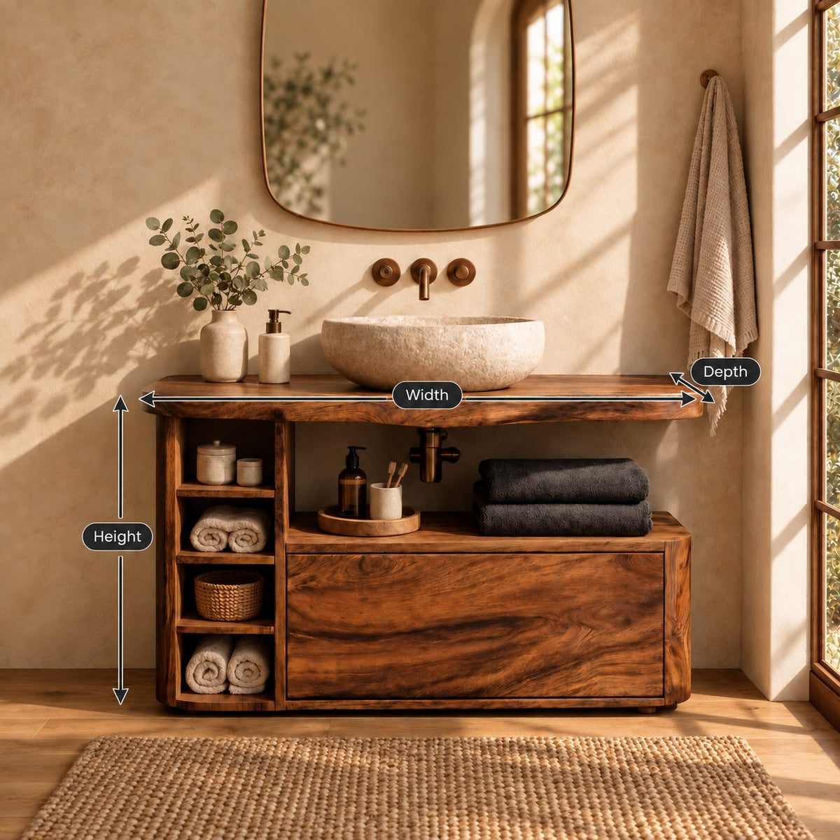 Rounded End Bathroom Vanity 42-72 Inch, Solid Wood Cabinet with Cubby Column, Open Niche and Wide Drawer