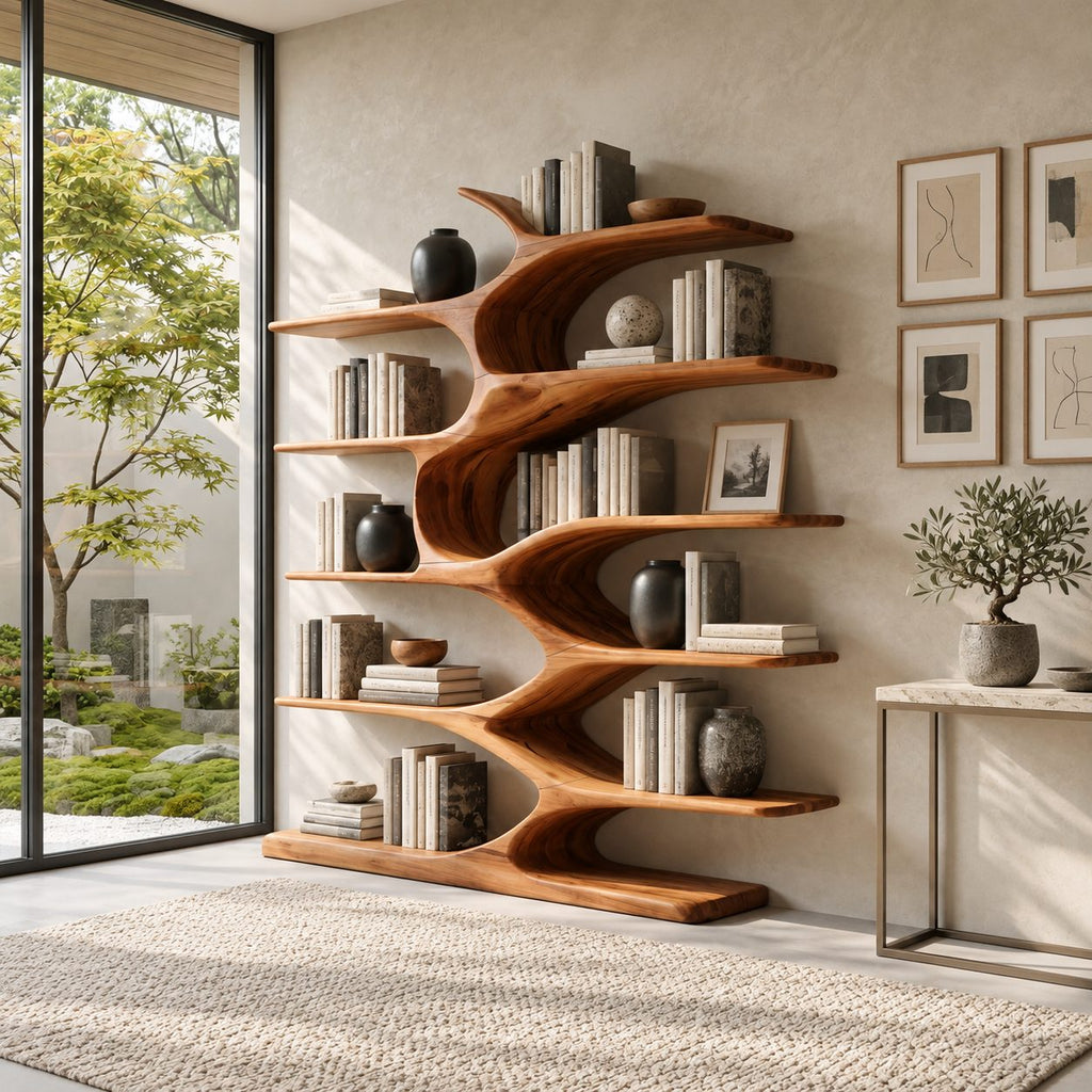 Organic Bookshelf with Wavy Sculpted Spine, Wide Freestanding Solid Wood Bookcase for Living Room