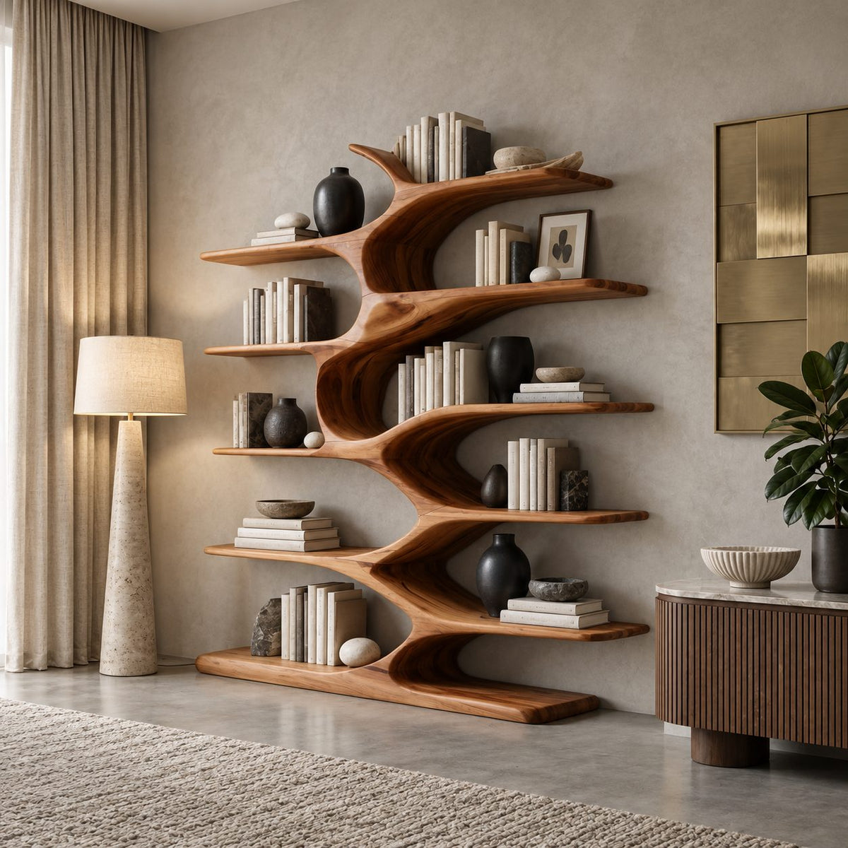 Organic Bookshelf with Wavy Sculpted Spine, Wide Freestanding Solid Wood Bookcase for Living Room