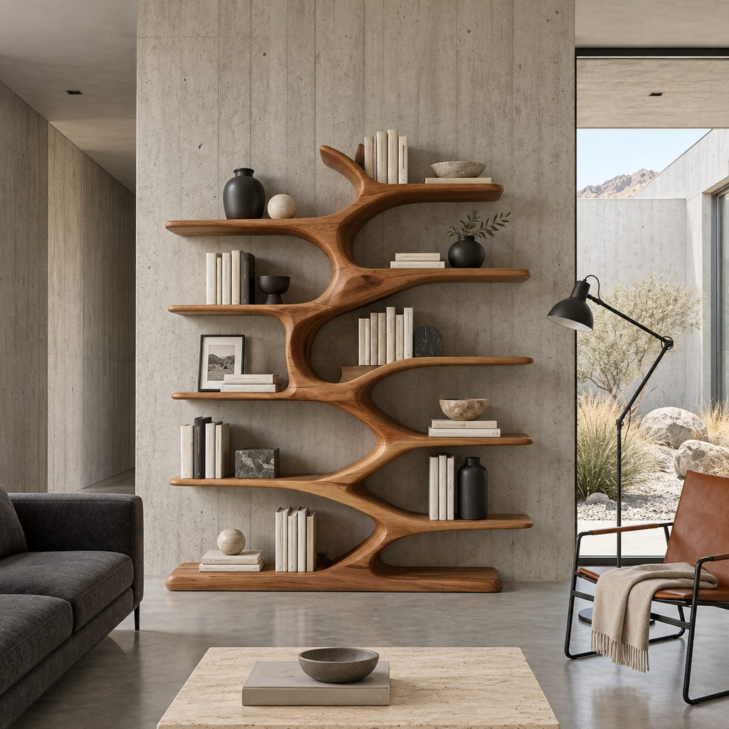 Organic Bookshelf with Wavy Sculpted Spine, Wide Freestanding Solid Wood Bookcase for Living Room