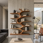 Organic Bookshelf with Wavy Sculpted Spine, Wide Freestanding Solid Wood Bookcase for Living Room