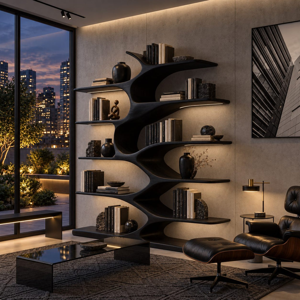 Organic Bookshelf with Wavy Sculpted Spine, Wide Freestanding Solid Wood Bookcase for Living Room