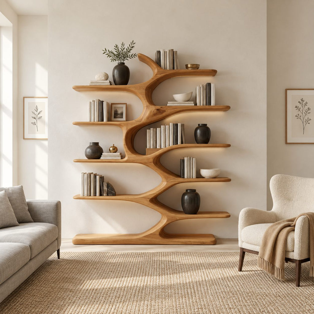 Organic Bookshelf with Wavy Sculpted Spine, Wide Freestanding Solid Wood Bookcase for Living Room